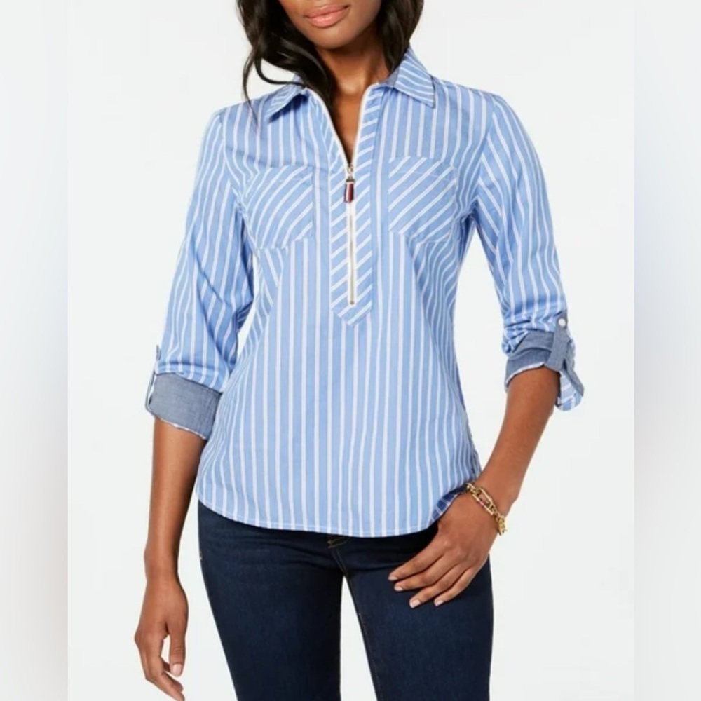 🌸 Tommy Hilfiger Blue Stripe Blouse L Zip Front Preppy Spring Shirt Top